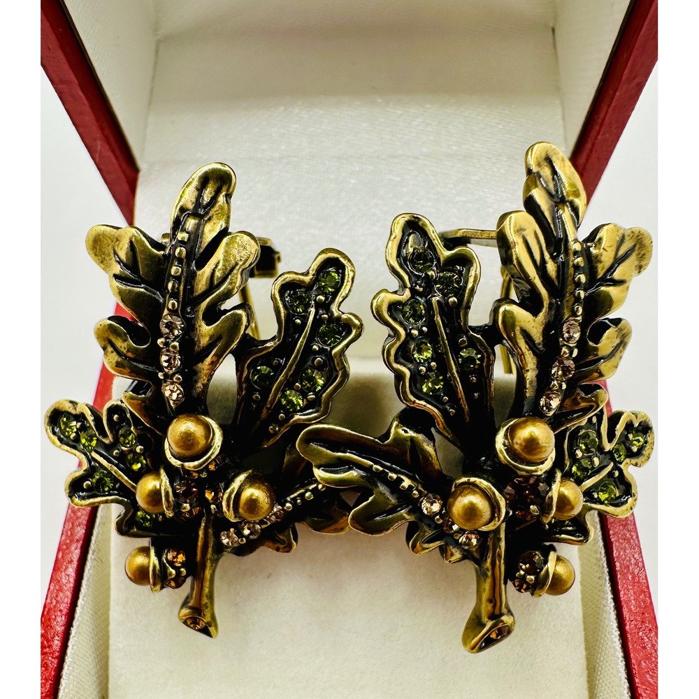 Fall Style Heidi Daus Oak Leaf Acorn Earrings Green Crystal Omega Back Pierced - Picture 2 of 9